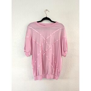 Vintage Pink Textured Knit Top Ribbon Trim Geometric Design Short Sleeve